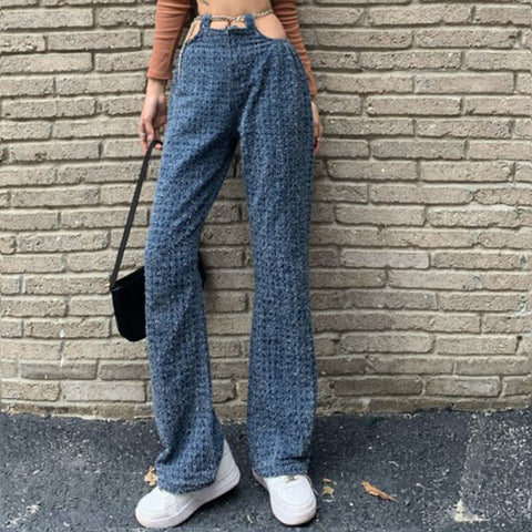 2022 Vintage Patchwork Hollow Chain Belt Y2K Loose Straight Denimes Female Pants High Waist Blue Long Trousers Streetwear