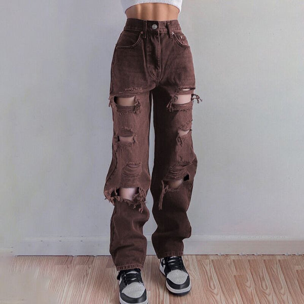 2022 Vintage Ripped Hole Jeans Women Baggy Cut Out High Waist Denim Pants Summer Streetwear Straight Jeans