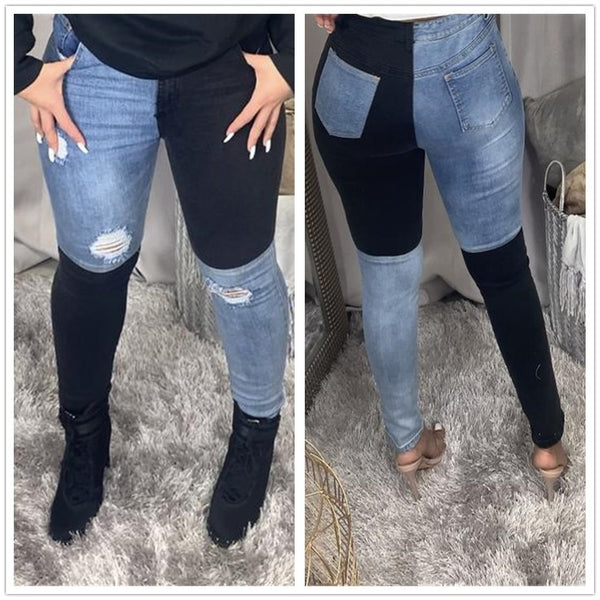 2022 Women Black and Blue Color Matching Ripped Jeans Stretch Denim Pencil Pants Street Hipster Casual Jeans S-2XL