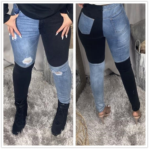 2022 Women Black and Blue Color Matching Ripped Jeans Stretch Denim Pencil Pants Street Hipster Casual Jeans S-2XL