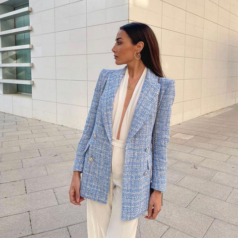 2022  Women Blazer Double-Breasted Long Sleeves Checkered Textured Suit Casual Chic Lady Woman Blazer Suit