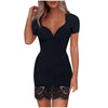 2022 Women Casual Black V-Neck Lace Splicing Short Sleeve Dresses Summer Sexy Solid Slim Mini Dress Daily Vestido De Mujer