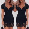 2022 Women Casual Black V-Neck Lace Splicing Short Sleeve Dresses Summer Sexy Solid Slim Mini Dress Daily Vestido De Mujer