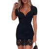2022 Women Casual Black V-Neck Lace Splicing Short Sleeve Dresses Summer Sexy Solid Slim Mini Dress Daily Vestido De Mujer