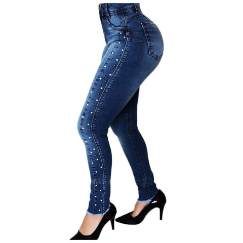 2022 Women Dark Blue High Waist Beaded Jeans High Stretch Denim Pencil Pants Street Casual Push Up Hip Jeans S-2XL