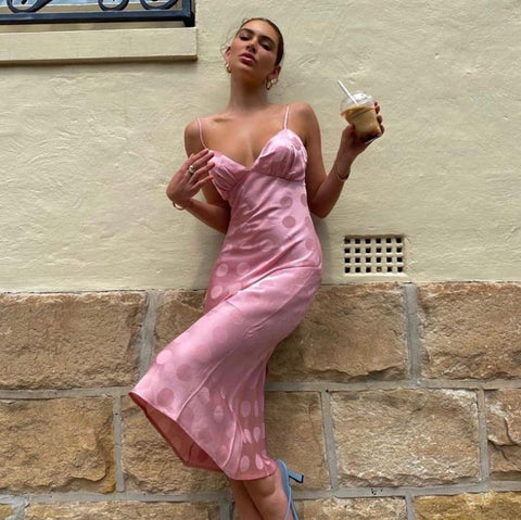 2022  Women  Backless Polka Dot Print Dress Sexy Ladies V-neck Satin Silk Dress for Party Clubwear Bodycon Dresses