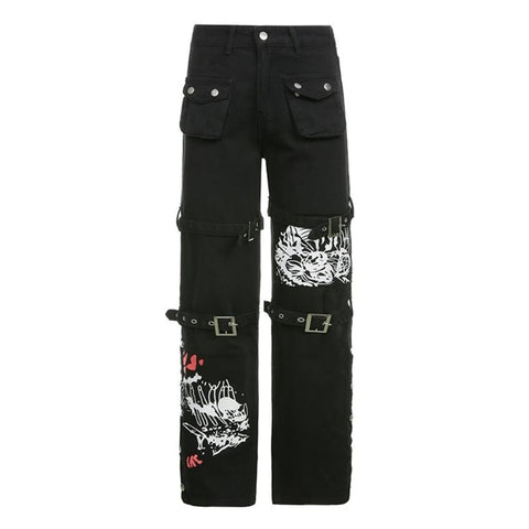 2022  Women Goth Punk High Waist Jeans Harajuku Metal Buckle Hip Hop Print Cargo Pants Wide Leg Baggy Loose Denim Trousers