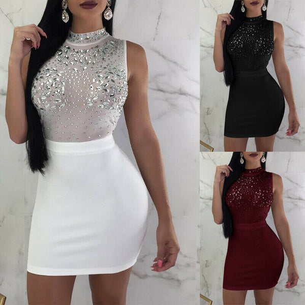 2022  Women Hip Dress Rhinestone Sleeveless Mock Neck Slim Outfit Back Zip Up Summer Dress for Parties Bars Night Club