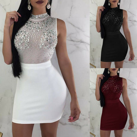 2022  Women Hip Dress Rhinestone Sleeveless Mock Neck Slim Outfit Back Zip Up Summer Dress for Parties Bars Night Club
