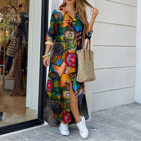 2022  Women Long Sleeve Shirt Dress Spring Printed Maxi Dresses Ladies Turn-Down Collar Loose Sundress Party Dresses #YY