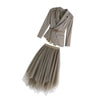 2022 Women Oversized Suit Long Coat Mesh Skirt Two-Piece Set Autumn Spring Female Elegant Solid Blazer Dress Suits With Belt