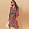 2022  Women Print Ruffle Dress Spring Autumn Lantern Long Sleeve V Neck Midi Dresses Causal Sashes Ladies Irregular Hem Dress