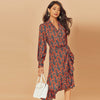 2022  Women Print Ruffle Dress Spring Autumn Lantern Long Sleeve V Neck Midi Dresses Causal Sashes Ladies Irregular Hem Dress