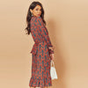 2022  Women Print Ruffle Dress Spring Autumn Lantern Long Sleeve V Neck Midi Dresses Causal Sashes Ladies Irregular Hem Dress