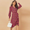 2022  Women Print Ruffle Dress Spring Autumn Lantern Long Sleeve V Neck Midi Dresses Causal Sashes Ladies Irregular Hem Dress