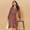 2022  Women Print Ruffle Dress Spring Autumn Lantern Long Sleeve V Neck Midi Dresses Causal Sashes Ladies Irregular Hem Dress