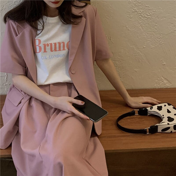 2023 Women Summer Basics Blazer Two Pieces Set Casual Suits Half Sleeve Coat with High Waist A-line Skirt Sets