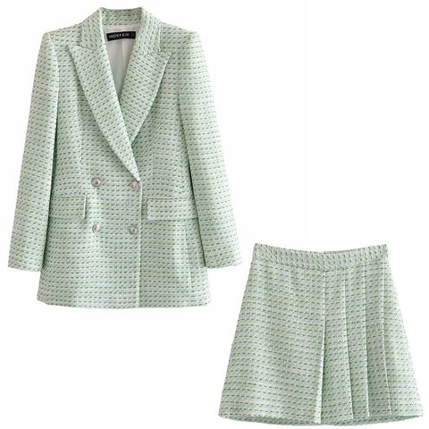 2023 Women Two Pieces Set Textured Checkered Blazer and Pleated Short Skirt Suit Casual Chic Lady Women Outfits Suit