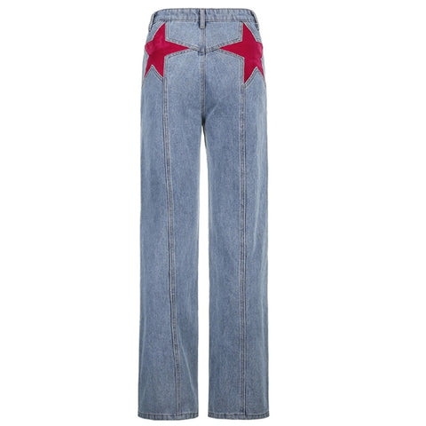 Women Vintage Star Patches Flare Jeans Mid Waist Striped Slim Fit Denim Pants