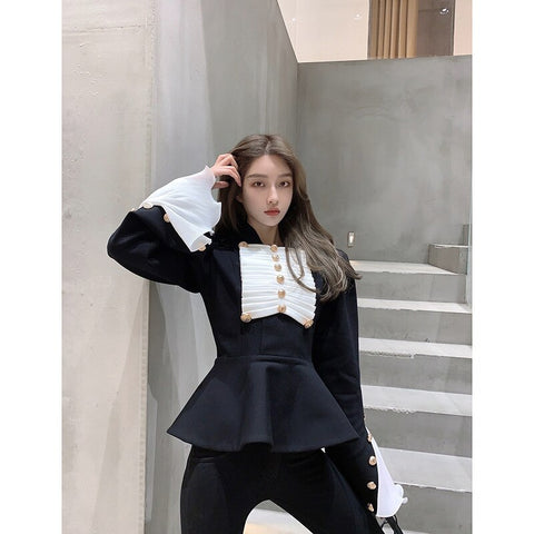 2022 Women's Black Notched Collar Patchwork Blazer Full Sleeve Tops Slim Fit Ruffled Metal Buttons Short Suits Y1373