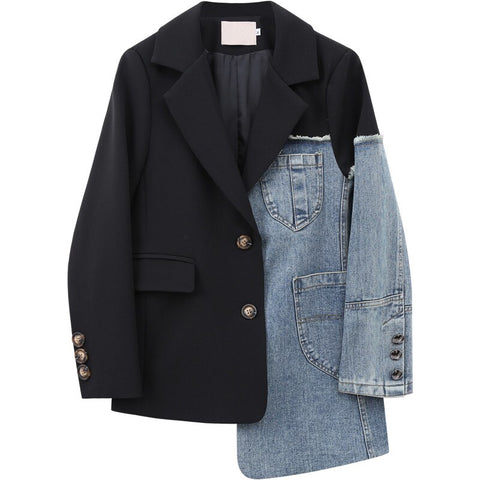 2022 Women's Spring Autumn Denim Jacket Korean Lapel Stitching Loose Blazers Suit Coat Female Short Outerwear b22