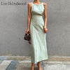 2022    Elegant Sleeveless Dress For Women O Neck Sleeveless High Waist Summer Solid Midi Dresses