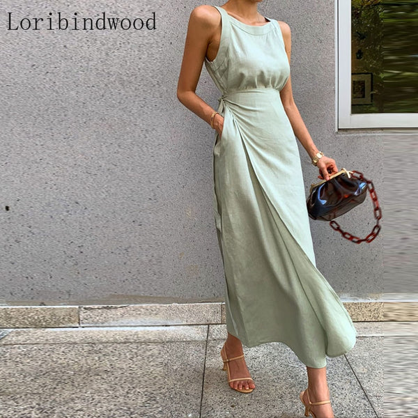 2022    Elegant Sleeveless Dress For Women O Neck Sleeveless High Waist Summer Solid Midi Dresses