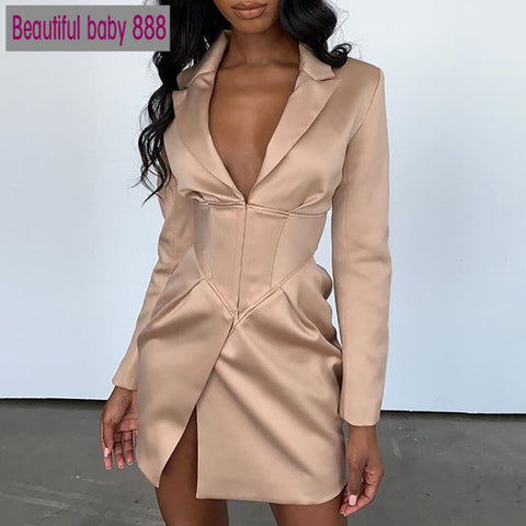 2023 autumn winter V neck khaki sexy blazer dress Women bodycon elegant thin coat outwear  Female party club night blazer