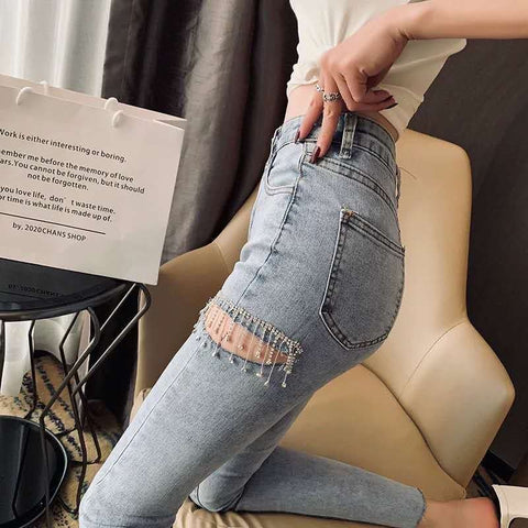 2022 Spring Summer Streetwear Thigh Cut Diamonds Tassel Skinny Jeans Women Denim Pants KZ566