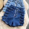 2022 summer denim shorts women's high waist slimming Casual shorts side metal breasted motorcycle wide-leg denim Shorts