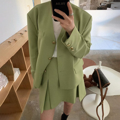 2023 Office Ladies 2 Pieces Set Suits With Skirt Women Solid Single-Breasted Blazer Jacket Pleated Skirt Female Setup