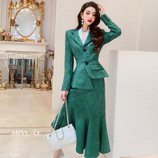 2022 Office Lady Work Blazer Skirt Suits Turn Down Collar Long Sleeve Slim Jacket Mermaid Skirts Two Pieces OL Sets P239