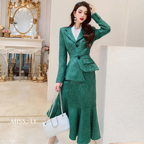 2022 Office Lady Work Blazer Skirt Suits Turn Down Collar Long Sleeve Slim Jacket Mermaid Skirts Two Pieces OL Sets P239