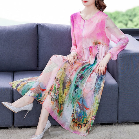 2022 Pink Floral Mulberry Silk Beach Midi Dresses Spring Summer Loose 4XL Plus Size Dress Women Elegant Bodycon Party Vestidos
