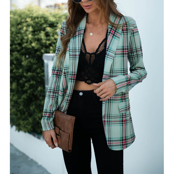 2023 Plaid Blazer Women Jacket Suit Long Sleeve Autumn Winter Female Casual Coat Top Office Suits M6196