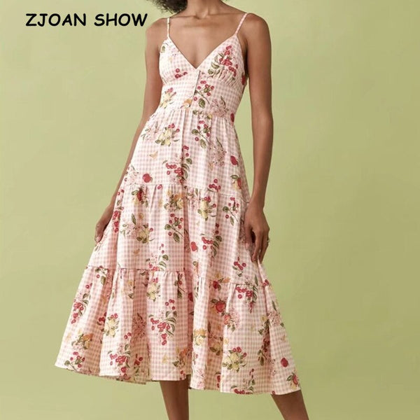 2022 Plaid Random Floral Print Dress Retro Dresses V Neck Strap Spaghetti Women Midi Dresses Back Elastic Ruched Holiday Robe