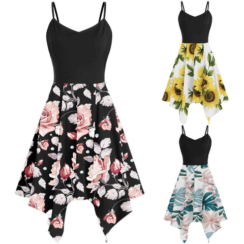2022 Plus Size Summer Dress Women  Ladies Sunflower Print Asymmetric Camis Handkerchief V-Neck Dress vestidos платье летн