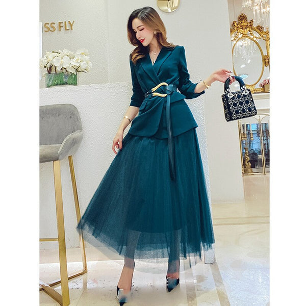 2023 Plus Size Women's Suit Blazer Dress Long Jacket Mesh Dresses Two Piece Set With Belt Elegant Women Winter Coat Dress Sets