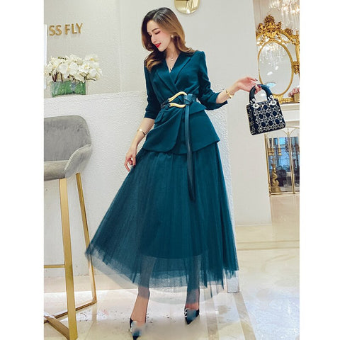 2023 Plus Size Women's Suit Blazer Dress Long Jacket Mesh Dresses Two Piece Set With Belt Elegant Women Winter Coat Dress Sets