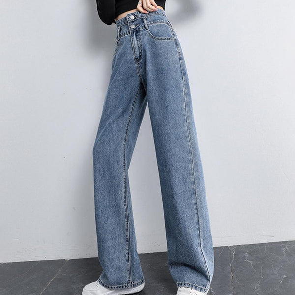 2022 Popular Women Loose Jeans High Waist Straight Multi Pockets Thin Denim High Waist Straight Wide Leg Jeans for Work