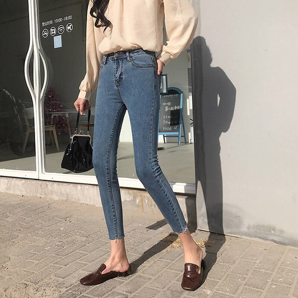 2022 Popular Slim Jeans Women's Thin High Waist Slim Cropped Trousers Vintage Office Ladies Wear Zipper Denim Pants Female