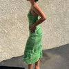 2022 Print Knit Bodycon Dress Women Green Y2K Summer Hollow Out Sexy Sleeveless Spaghetti Strap Beach Midi Dresses Party
