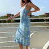 2022 Print Knit Bodycon Dress Women Green Y2K Summer Hollow Out Sexy Sleeveless Spaghetti Strap Beach Midi Dresses Party