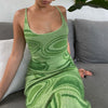 2022 Print Knit Bodycon Dress Women Green Y2K Summer Hollow Out Sexy Sleeveless Spaghetti Strap Beach Midi Dresses Party
