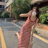 2022 Red Striped Dress Woman Cut Out Slip Dresses Women Sleeveless Dresses Summer Backless Strap Mid-Length Casual Beach Dress