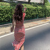 2022 Red Striped Dress Woman Cut Out Slip Dresses Women Sleeveless Dresses Summer Backless Strap Mid-Length Casual Beach Dress