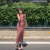 2022 Red Striped Dress Woman Cut Out Slip Dresses Women Sleeveless Dresses Summer Backless Strap Mid-Length Casual Beach Dress