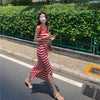 2022 Red Striped Dress Woman Cut Out Slip Dresses Women Sleeveless Dresses Summer Backless Strap Mid-Length Casual Beach Dress