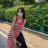 2022 Red Striped Dress Woman Cut Out Slip Dresses Women Sleeveless Dresses Summer Backless Strap Mid-Length Casual Beach Dress
