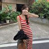 2022 Red Striped Dress Woman Cut Out Slip Dresses Women Sleeveless Dresses Summer Backless Strap Mid-Length Casual Beach Dress